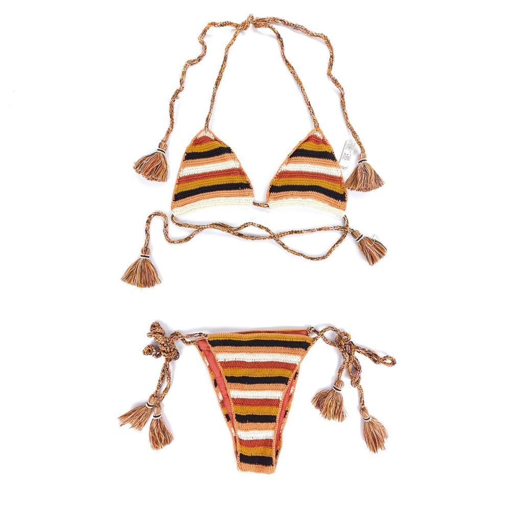 New Maaji Burgundy Barcode Balty Bikini Top Sunshiny Bottom Crochet Knit Set